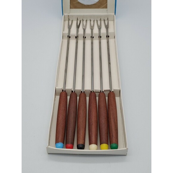 MCM Stainless Steel Japan Fondue Forks Color Coded Teak Wood Handles NIB 6 Piece - Picture 4 of 12
